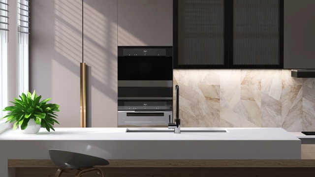 Realistic 3D render, modern kitchen cabinet set with blank empty white marble island for household product overlay mock up. Background, Window, Sunlight, Countertop, Apartment, Home, Space, Houseplant